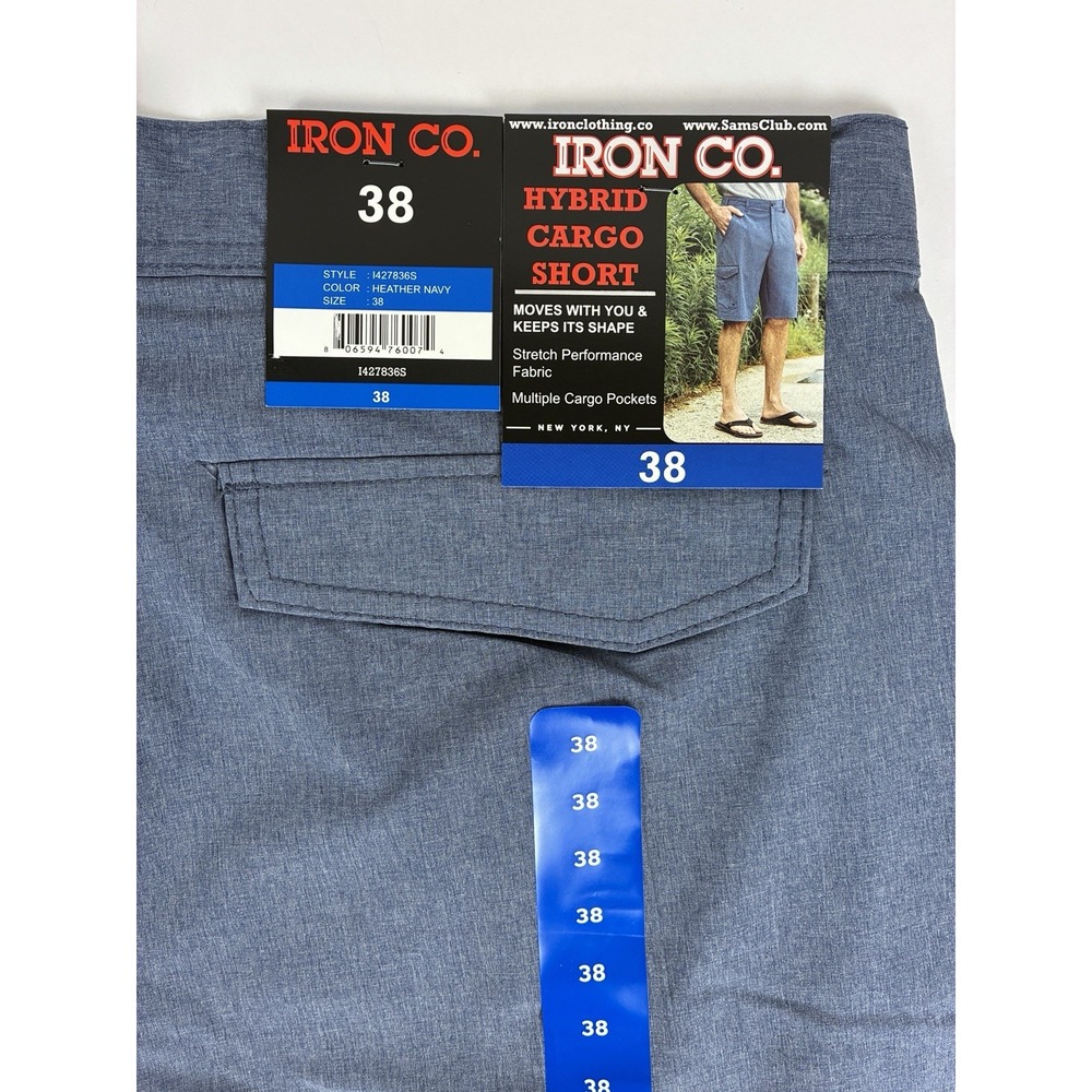 Iron Co Men's Stretch Hybrid Cargo Shorts Size 38 Flat Front Heather Navy NWT